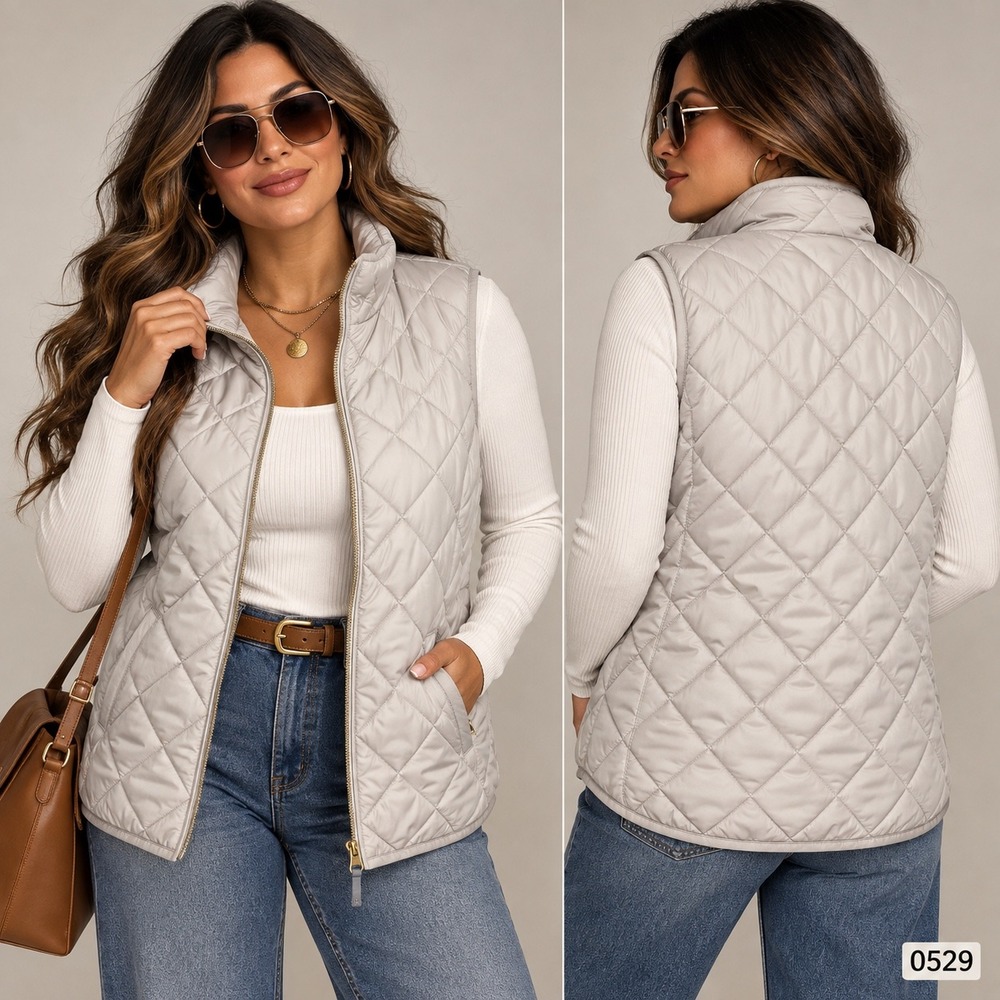 Old Navy Women Light Taupe Beige Quilted Puffer Vest Full Zip Gold Hardware 0529